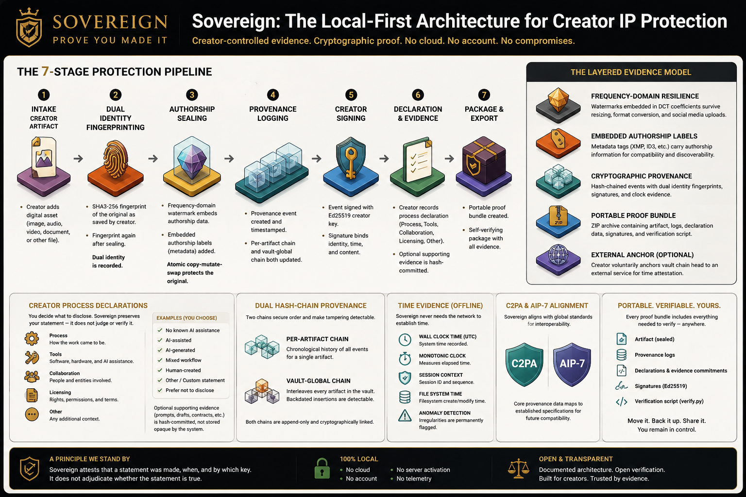 Sovereign: The Local-First Architecture for Creator IP Protection infographic showing the 7-stage protection pipeline, layered evidence model, creator process declarations, dual hash-chain provenance, offline time evidence, C2PA/AIP-7 alignment, and the portable proof bundle