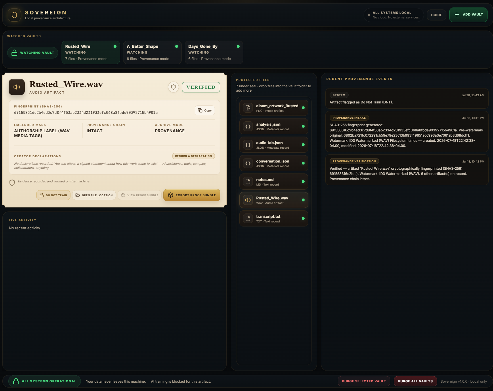 Sovereign immutable provenance report showing file identity, dual SHA3-256 fingerprints, provenance chain hash, vault chain head, creator public key, and a provenance timeline