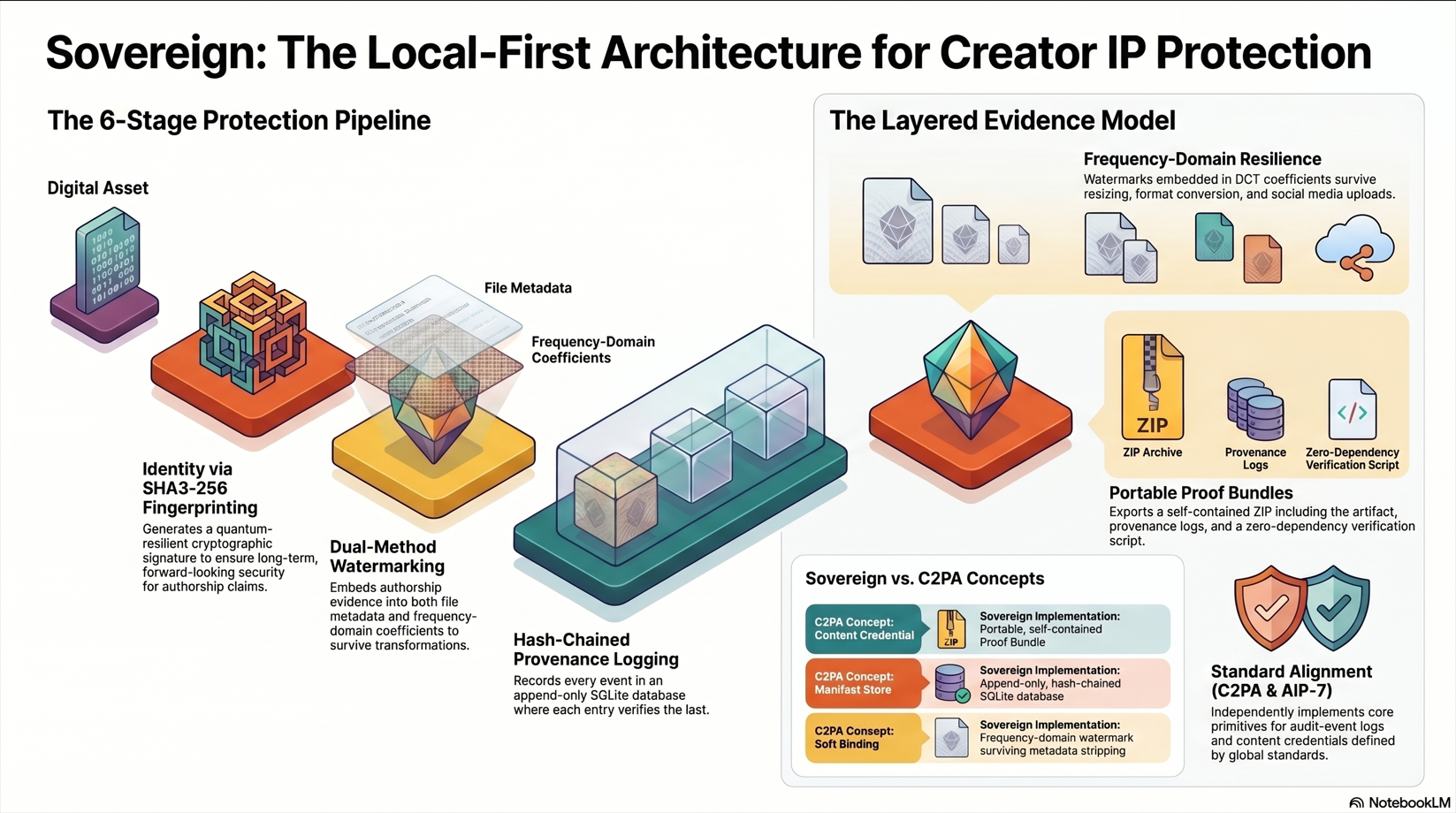 Sovereign: The Local-First Architecture for Creator IP Protection infographic showing the 6-stage protection pipeline, layered evidence model, portable proof bundles, and C2PA/AIP-7 alignment
